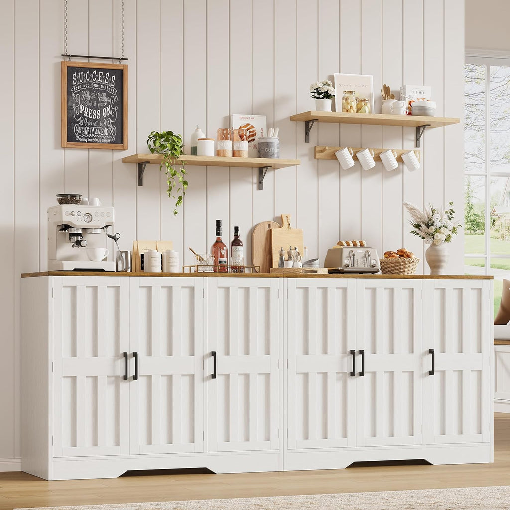 Modern Farmhouse Buffet Cabinet with Storage, 85" Large Sideboard Storage Cabinet with 6 Barn Doors, Coffee Liquor Bar Cabinet Wood Table Credenza with Adjustable Shelf for Kitchen Dining Living Room
