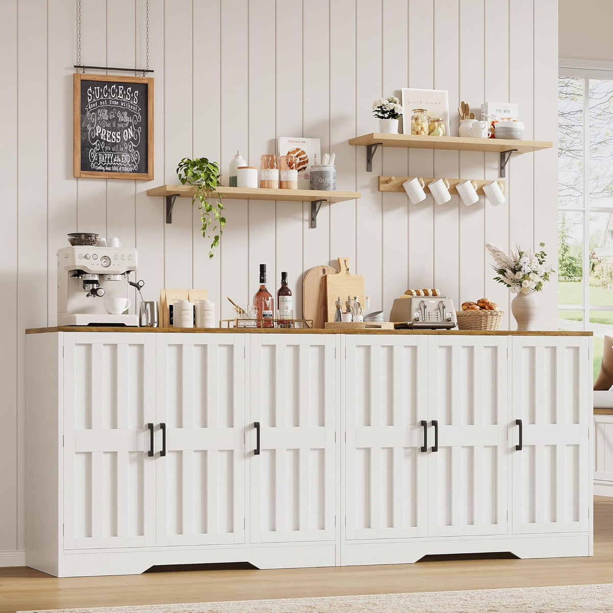 Modern Farmhouse Buffet Cabinet with Storage, 85" Large Sideboard Storage Cabinet with 6 Barn Doors, Coffee Liquor Bar Cabinet Wood Table Credenza with Adjustable Shelf for Kitchen Dining Living Room