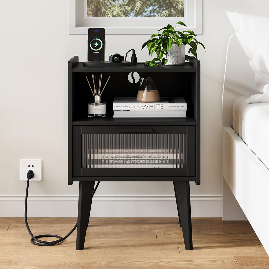 MMEOLUOOK Nightstand with Charging Station, Bedside Tables, End Table Side Table with 2 Tiers Storage Space, for Bedroom, Living Room, Black CAMLBZ07BE