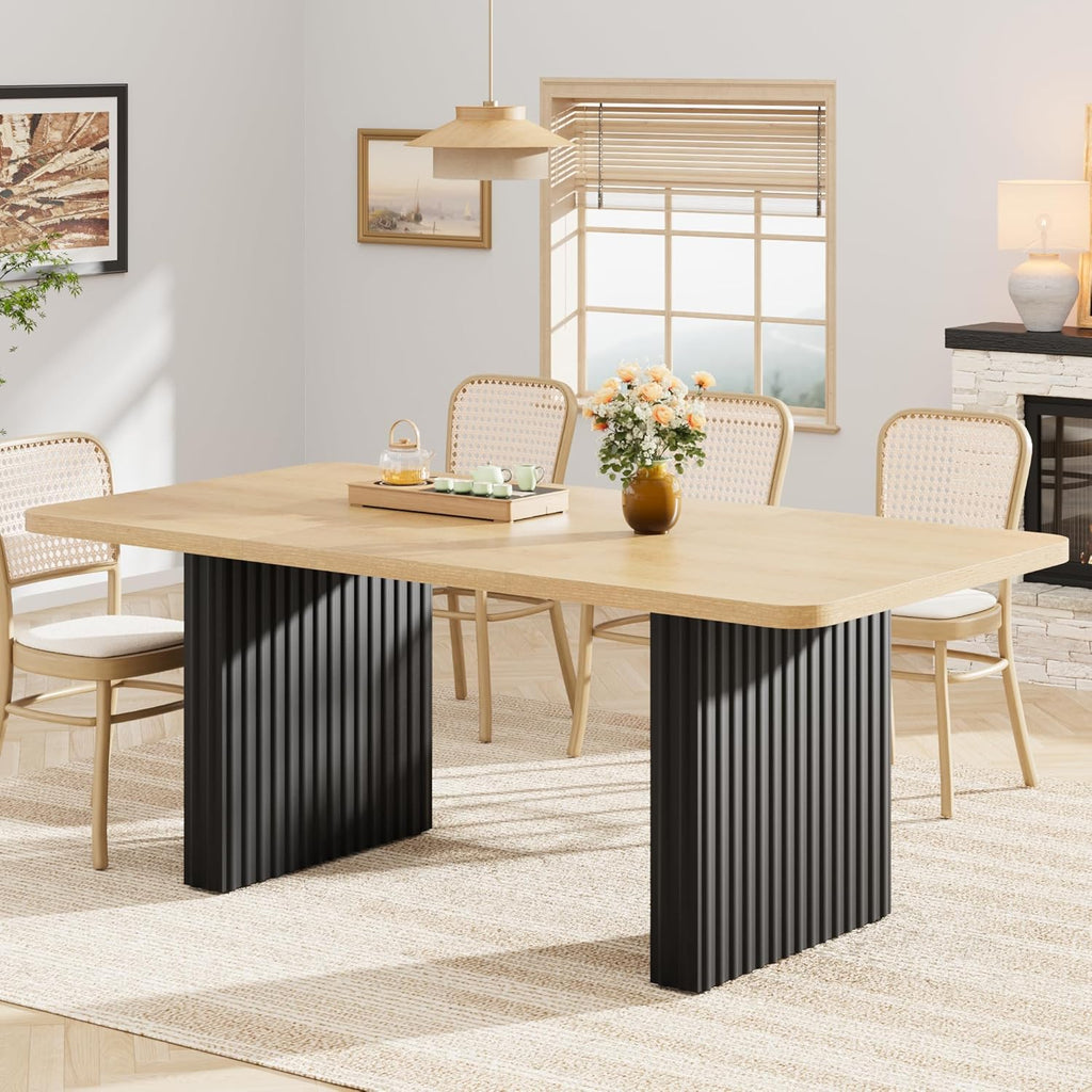 Garvee Modern Dining Table for 6-8, 71" Rectangular Farmhouse Kitchen Table with 3.6"×22.9" Black Fluted Wave Metal Legs & Wooden Top, Large Dining Table for Home Office, Dining, Natural