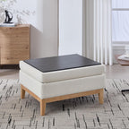 Setawix 33.86" Large Storage Ottomans for Living Room,Boucle Upholstered Ottoman Coffee Table with Tray,Mid Century Modern Ottoman Seat with Storage Footrest for Bedroom (Ivory+Natural Legs)