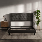 Hearth & Harbor Queen Bed Frame with Headboard Wingback – Linen Platform Bed Frame Queen Size, Button-Tufted Upholstered Bed Frame Queen, Modern Bedframe, Box Spring Required, Grey
