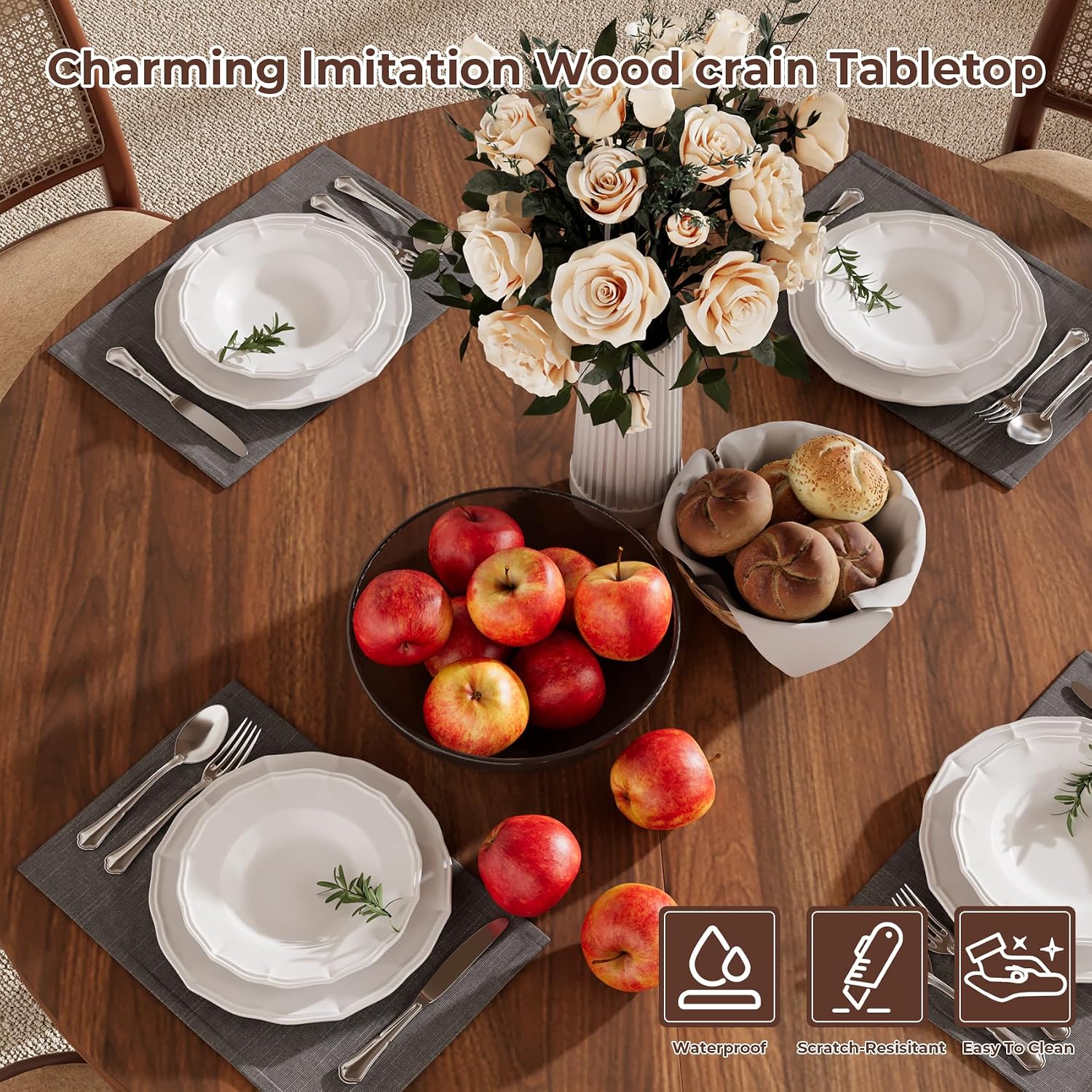 Round Dining Table for 4 People, 43.3 Inches Dining Room Table with Metal Base, Walnut Brown Dinner Tables with Open Storage, Circle Kitchen Tables for Dining Room(Table Only) (Walnut Brown)