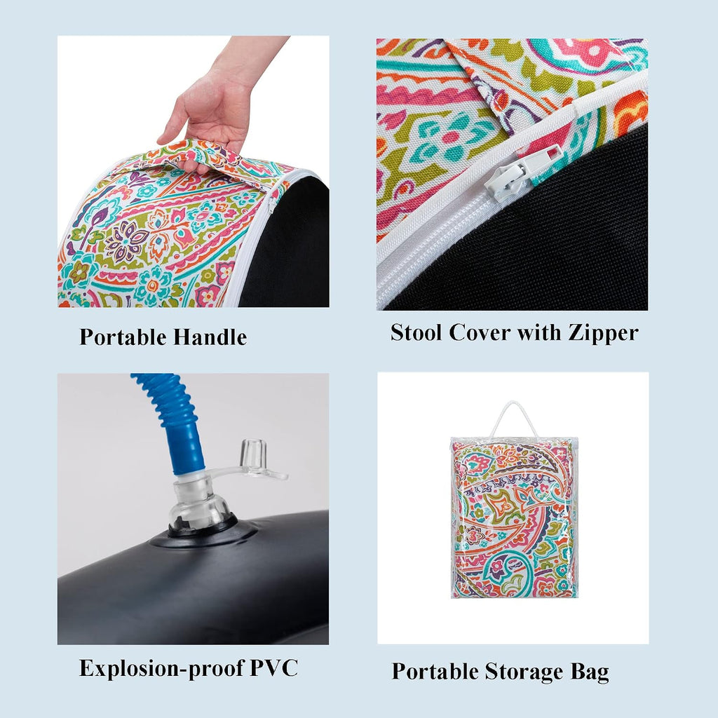 FUNHOME Inflatable Stool Ottoman Footrest with Handle, All Weather Footrest Seat D20 xH9, Water Repellent Footstool Pouf for Home Patio Garden and Camping Use-Melora Paisley