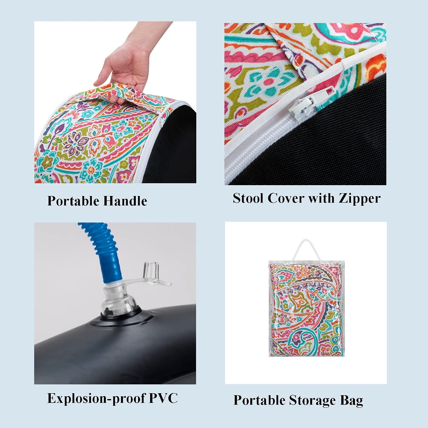 FUNHOME Inflatable Stool Ottoman Footrest with Handle, All Weather Footrest Seat D20 xH9, Water Repellent Footstool Pouf for Home Patio Garden and Camping Use-Melora Paisley