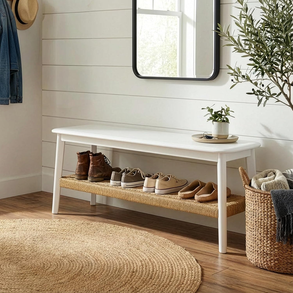 Alaterre Furniture Calais 48 Inch Solid Wood Entryway Bench with Woven Storage Shelf – Mid Century Modern 2-Tier Shoe Bench for Living Room, Hallway or Foyer (White)