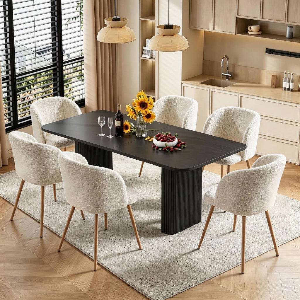 Homedot Dining Chairs Set of 6, Upholstered Sherpa Kitchen Chairs with Curved Back, Padded Seat with Wood Grain Metals, Modern Dining Side Bedroom Chairs Barrel for Kitchen Dining Room, Off White