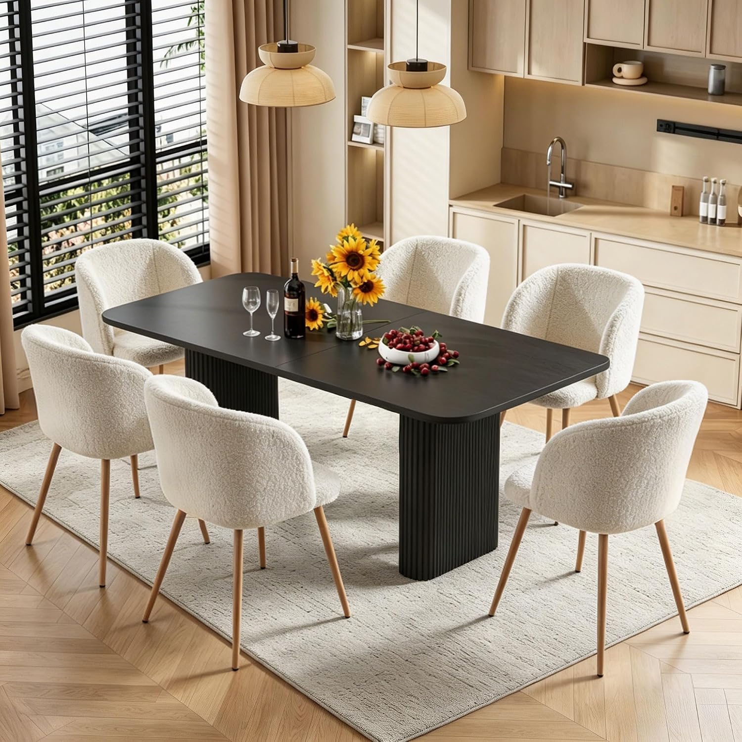 Homedot Dining Chairs Set of 6, Upholstered Sherpa Kitchen Chairs with Curved Back, Padded Seat with Wood Grain Metals, Modern Dining Side Bedroom Chairs Barrel for Kitchen Dining Room, Off White