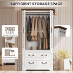 LIKIMIO Armoire Wardrobe Closet 70" with 2 Drawers for Bedroom, White | Farmhouse Wardrobe with Roman Column Doors, Hanging Rod and Side Hooks for Clothing Storage and Organization in Bedrooms