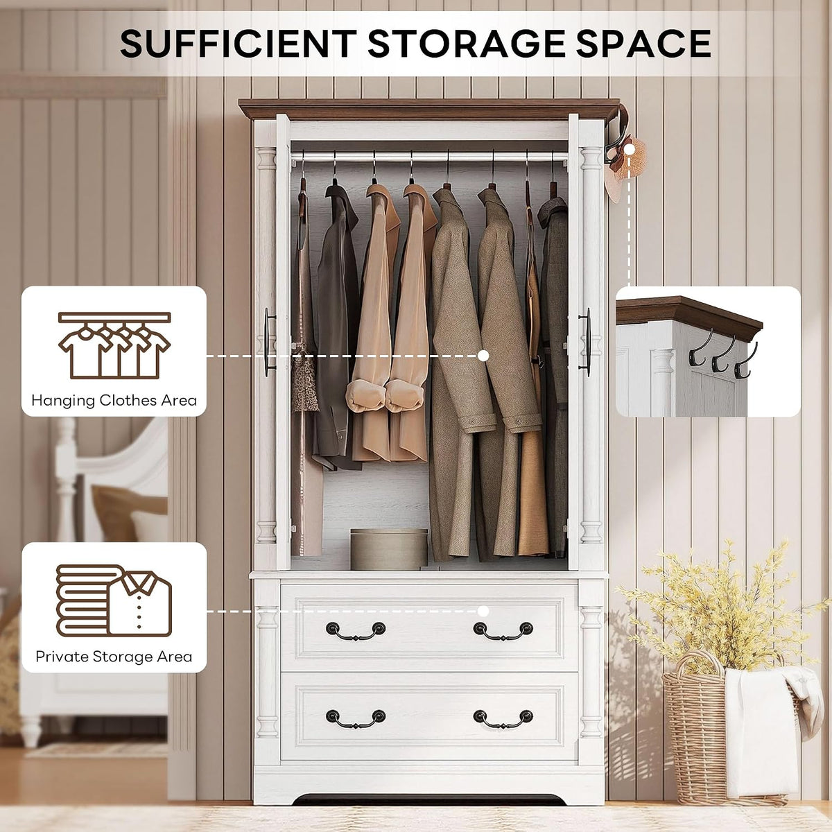 LIKIMIO Armoire Wardrobe Closet 70" with 2 Drawers for Bedroom, White | Farmhouse Wardrobe with Roman Column Doors, Hanging Rod and Side Hooks for Clothing Storage and Organization in Bedrooms