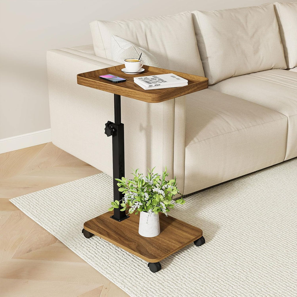 End Table, Adjustable Height Side Table, 360° Rotating MDF Veneer Sofa Side Table with Lockable Wheels, C-Shaped TV Tray Table for Living Room Bedroom (Walnut Brown)