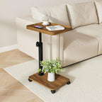 End Table, Adjustable Height Side Table, 360° Rotating MDF Veneer Sofa Side Table with Lockable Wheels, C-Shaped TV Tray Table for Living Room Bedroom (Walnut Brown)