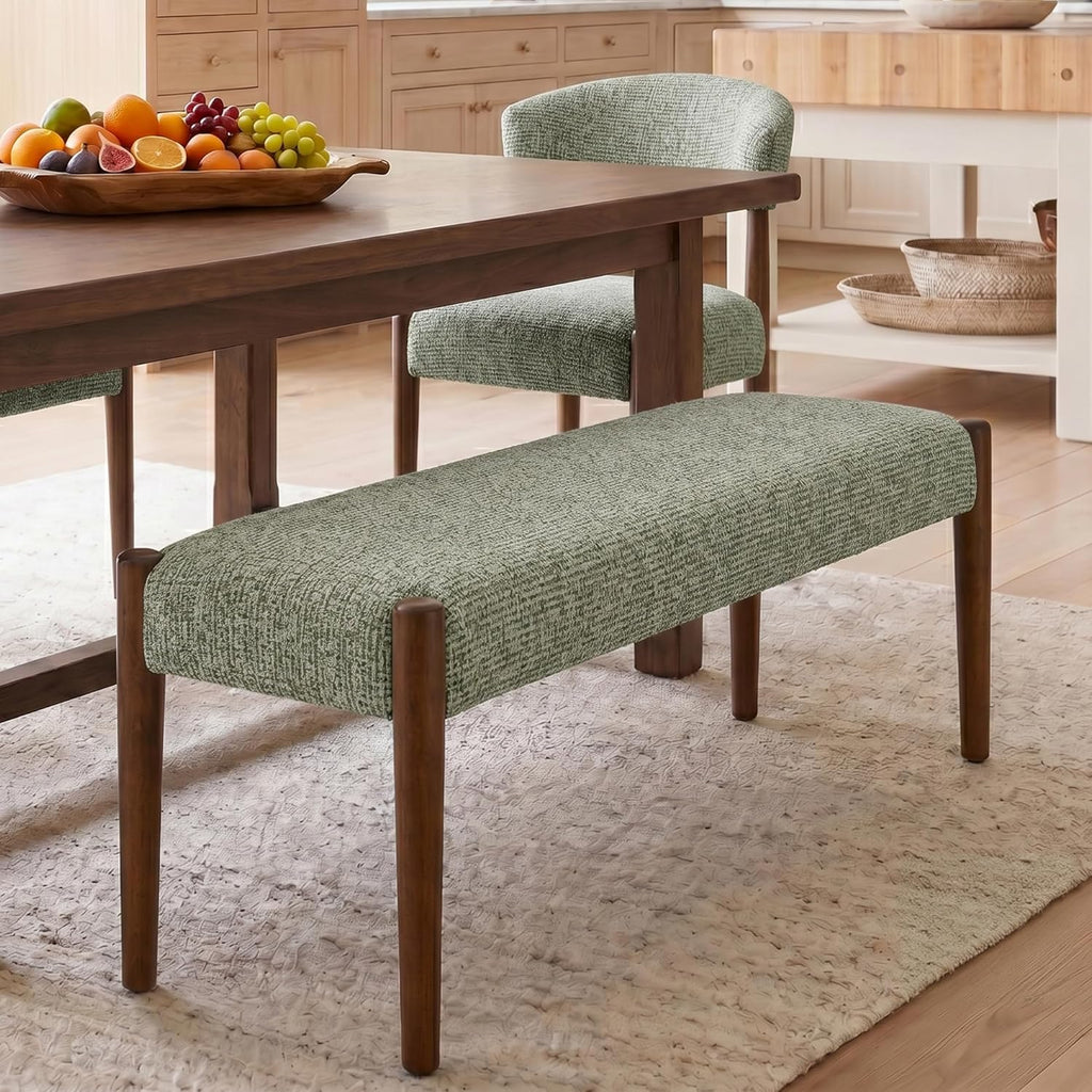 Usaint 42" End of Bed Bench, Modern Upholstered Bedroom Bench with Rubberwood Legs, Entryway Bench with Cushion, Dining Bench for Living Room, Bedroom, Green with Walnut Leg