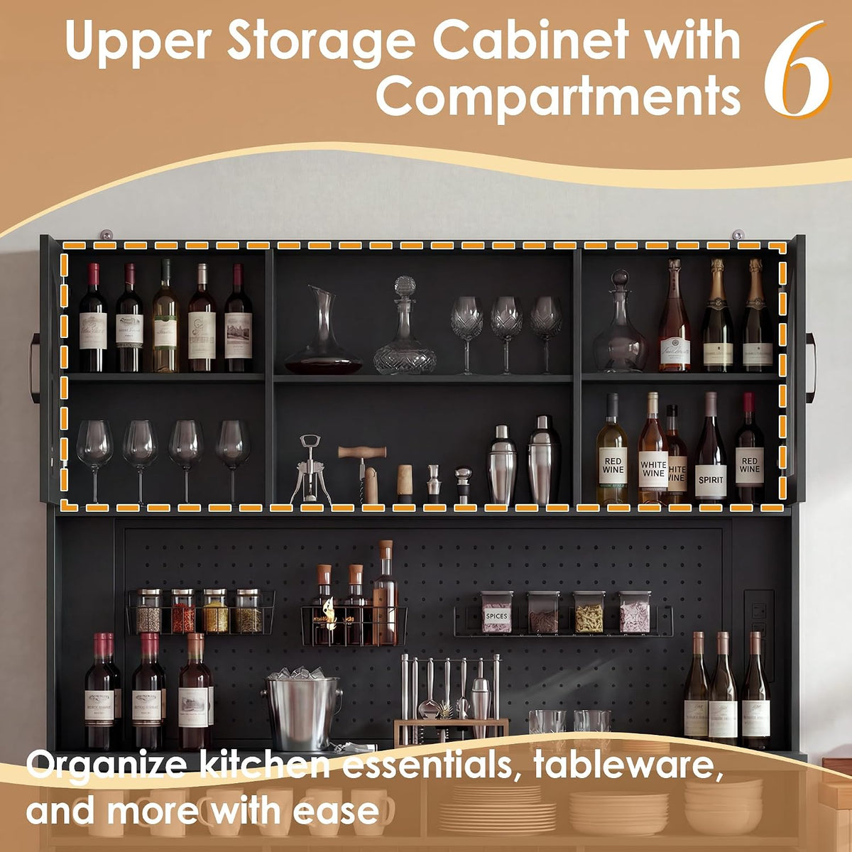 Large Coffee Bar Cabinet LED Wine Pantry Cabinet with Storage Hutch | 70.8" Freestanding Storage Cabinet with Charging Station, Adjustable Shelves, Wine Rack for Dining Room, Living Room, Black