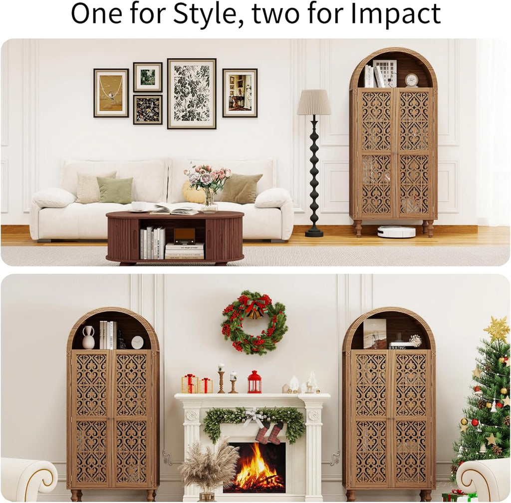 70" Tall Arched Storage Cabinet with 2 Hollow Carved Doors, Boho Kitchen Pantry with 5-Tier Storage Space, Modern Farmhouse Cupboard Bookcase for Living Room, Kitchen, Study, Walnut, 1 PCS