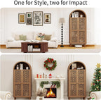 70" Tall Arched Storage Cabinet with 2 Hollow Carved Doors, Boho Kitchen Pantry with 5-Tier Storage Space, Modern Farmhouse Cupboard Bookcase for Living Room, Kitchen, Study, Walnut, 1 PCS