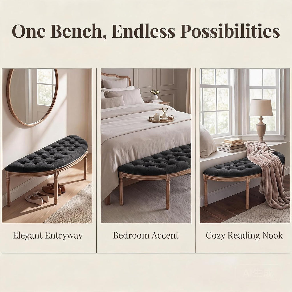 chairus 55" Button Tufted Semi-Circle Dining Bench Linen Halfmoon Entryway Bench Comfy Upholstered Bench Seat for Bay Window/Bedroom End of Bed/Living Room/Indoor, Charcoal Black