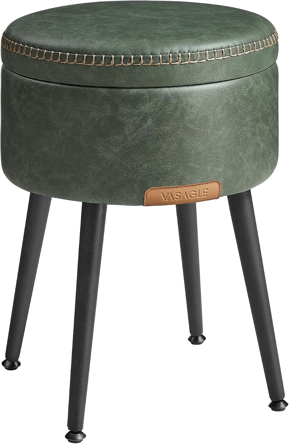 VASAGLE Storage Ottoman, Synthetic Leather Round Seat with Steel Legs | Vanity Chair Stool, with Stitching, Transitional, Loads 150 kg, Forest Green and Matte Black, EKHO Collection ULOM005C01
