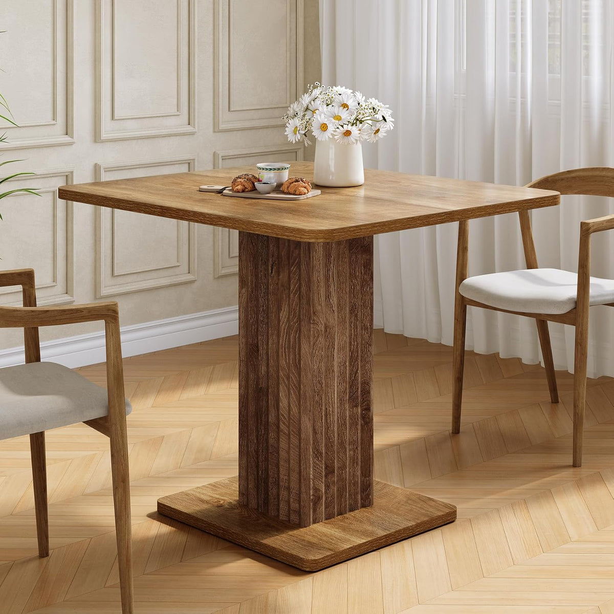 LITTLE TREE Dining Table, 35.43" L x 31.5" W Small Kitchen Table, Small Dining Table for 2-4 People with Fluted Base, Modern Farmhouse Dinner Table for Dining Room Kitchen Living Room