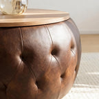 YDcosyfy 25 Inches Large Round Storage Ottoman, Modern Upholstered Ottoman Coffee Table, Wooden Top, Faxu Leather Surface, for Living Room, Bedroom, Classic Tufting, Brown