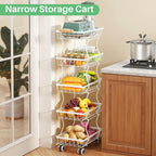 SAYZH 5-Tier Fruit Basket Stand with Vegetable Baskets for Kitchen, White | Stackable Metal Wire Basket, Sturdy Rolling Storage Carts for Kitchen, Pantry Organizer, Snack and Jar Storage