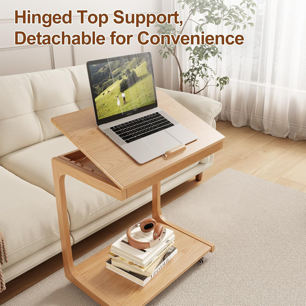 AQIMUELE Wooden C-Shaped End Table,Couch Table with Adjustable Desktop,Small Rolling Side Table with 2 Lockable Wheels 23.6" Width,Small End Table for Couch, Living Room,Bedroom (Natural)
