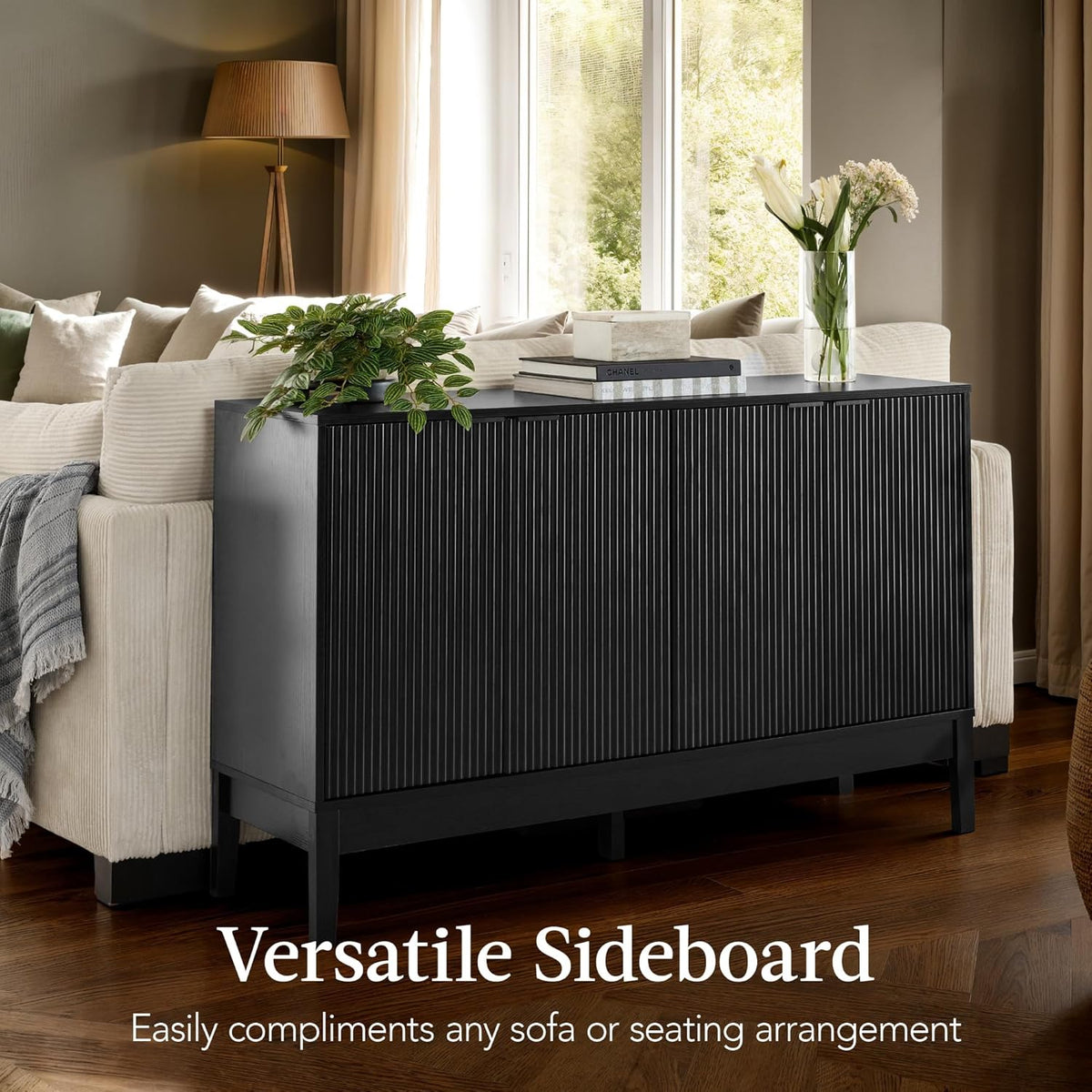 Best Choice Products 55" Modern 4-Door Sideboard Storage Cabinet, Buffet, Media Cabinet, Cupboard, Entryway Accent Table, Bookcase w/Reed Panels and Adjustable Shelves - Black