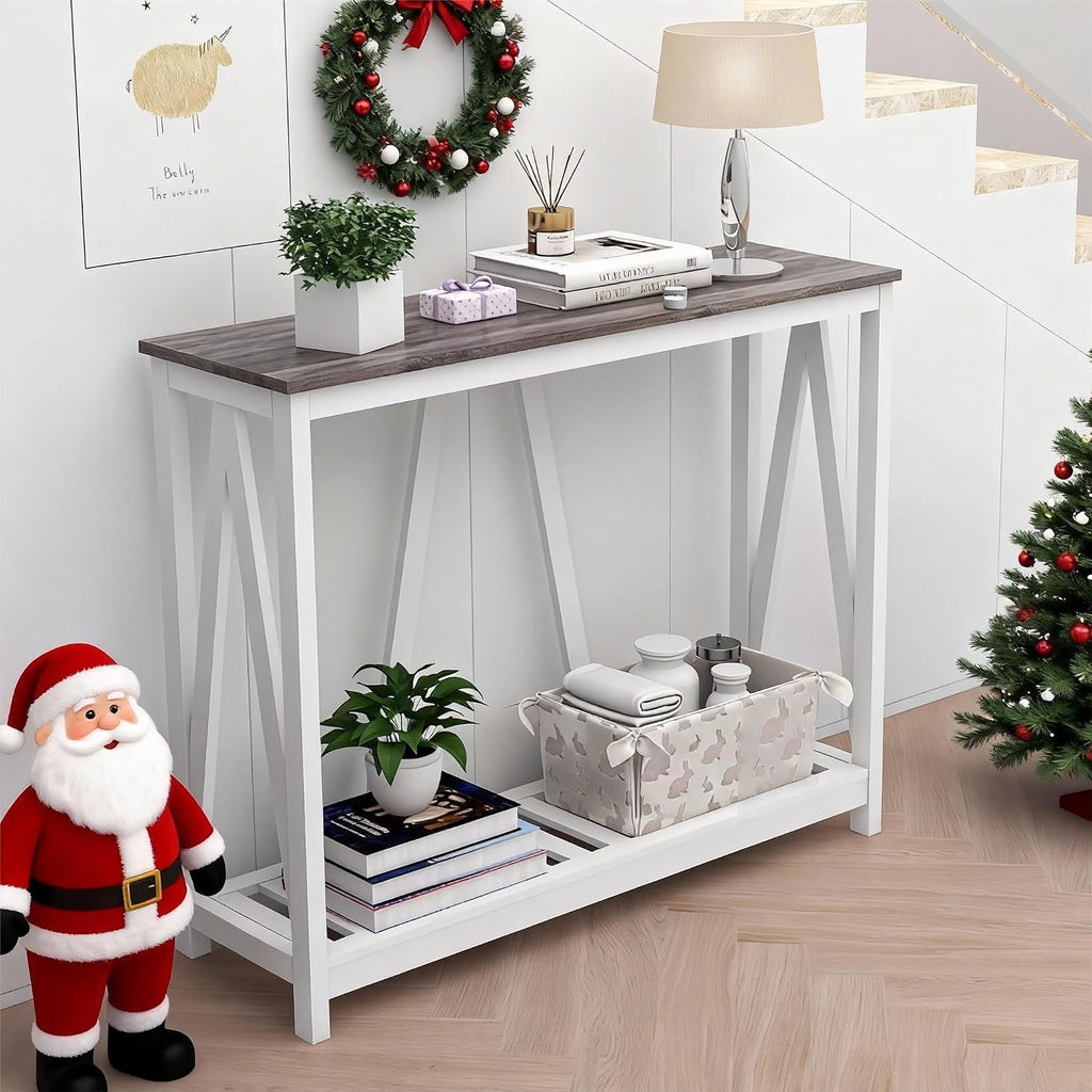 Entryway Table, 39" Farmhouse Console Table with Shelf Narrow Foyer Table | | 2-Tier Open Shelf,V-Shape Anti-Tip Legs,Slim Narrow Design,Sofa Table Use,Two-Tone Finish,30-Min Easy Assembly,Oak Grey