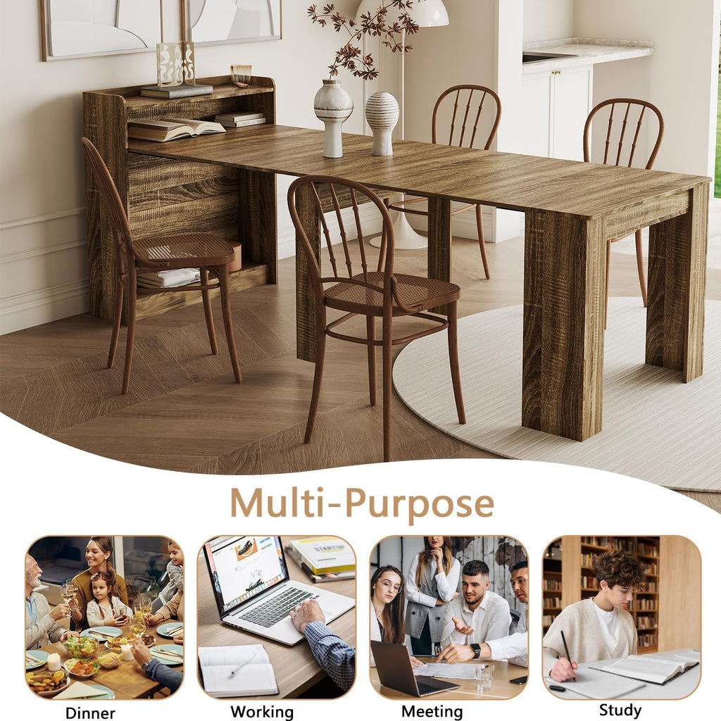 Rustic Wooden Extendable Dining Table with Storage, 20"-99" Modern Transformer Kitchen Table for 2-12, Oak Extendable Console Table with Extension Leaves Holder for Entryway Dining Room