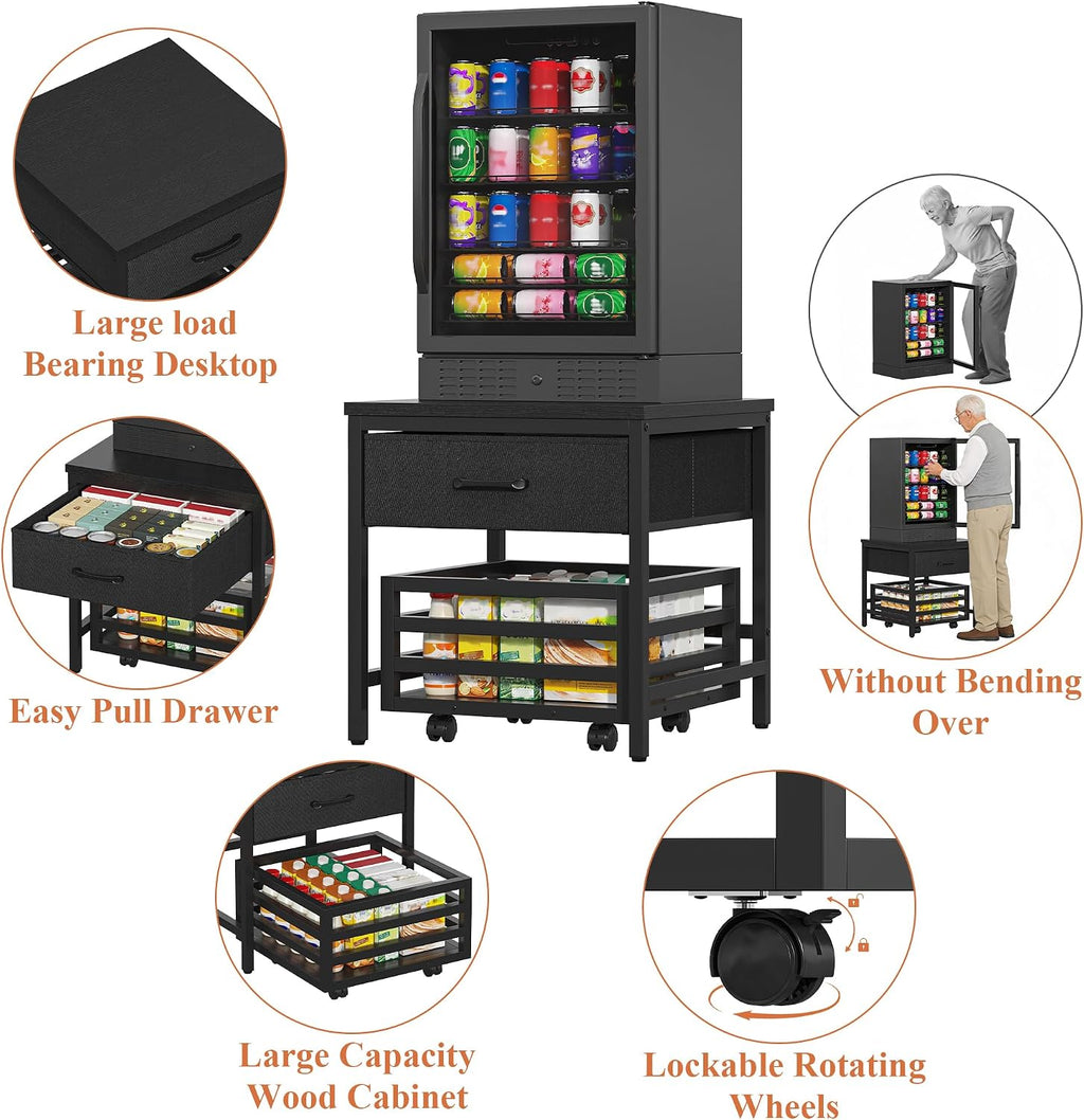 Saudism Mini Fridge Stand with Movable Storage Basket | Mini Fridge Cabinet with Storage Drawer,Sturdy Metal Frame,Great for Dorm Home Office, Full Black