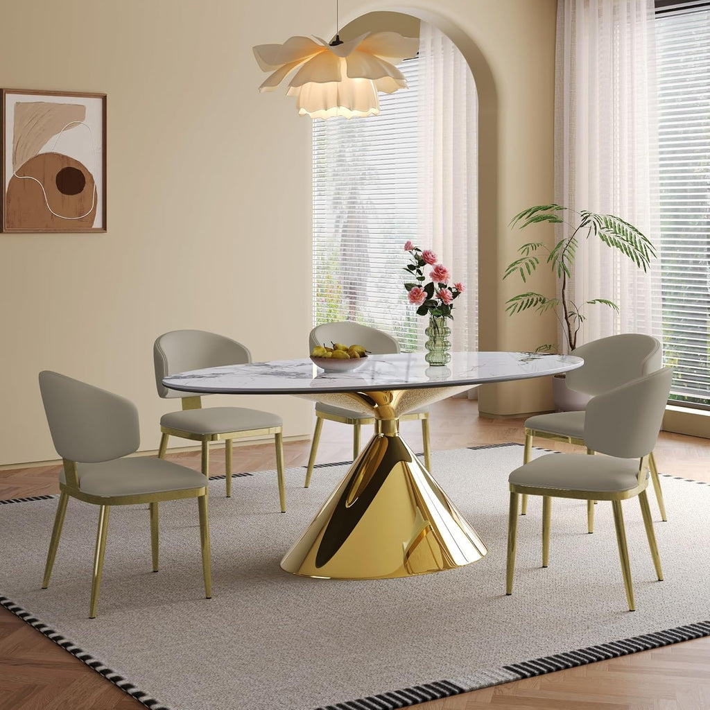71" Oval Marble Dining Table with Gold Stainless Steel Base,Oval Kitchen Table for 4-6 People,Elegant Contemporary Dining Table