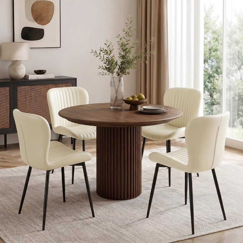 Upholstered Dining Chairs Set of 4 PU Leather Metal Legs Beige | Vertical channel tufting 19" seat height Ergonomic backrest Waterproof PU leather Sturdy metal frame