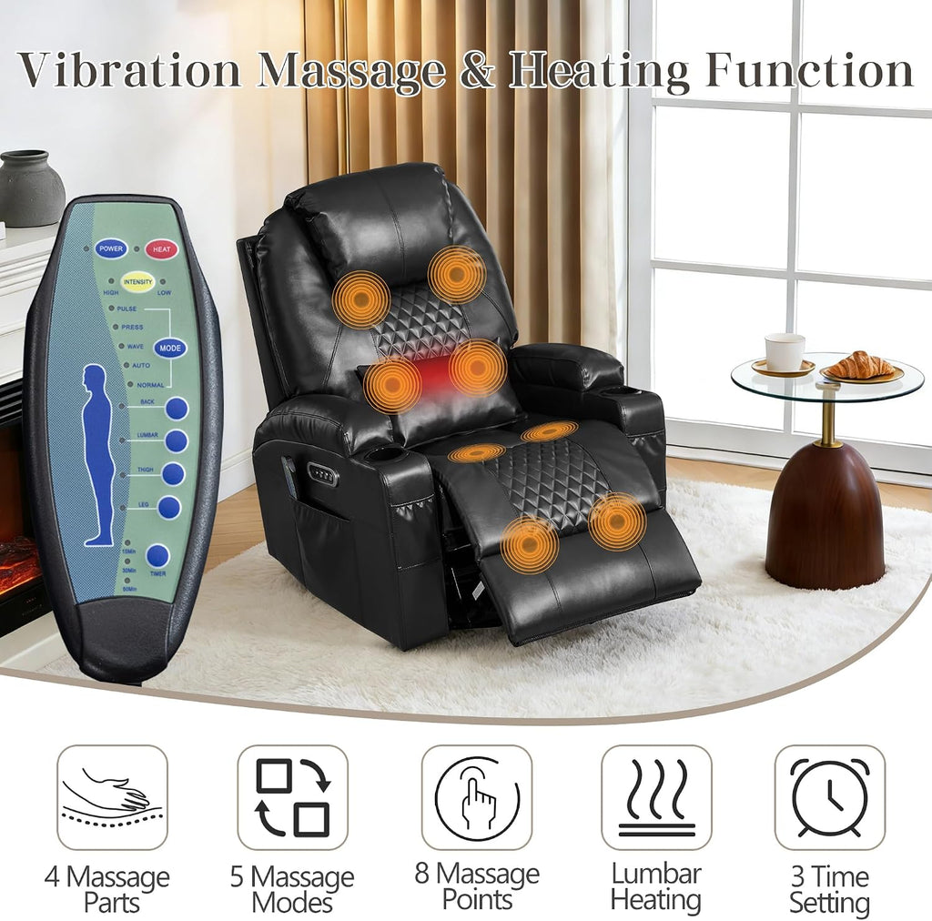 AHMED Dual Motor Power Swivel Rocker Recliner Chair, Faux Leather, Black | Electric Glider Rocking Chair, Massage & Heat, Cup Holders, LED Lights, USB A/USB C Ports