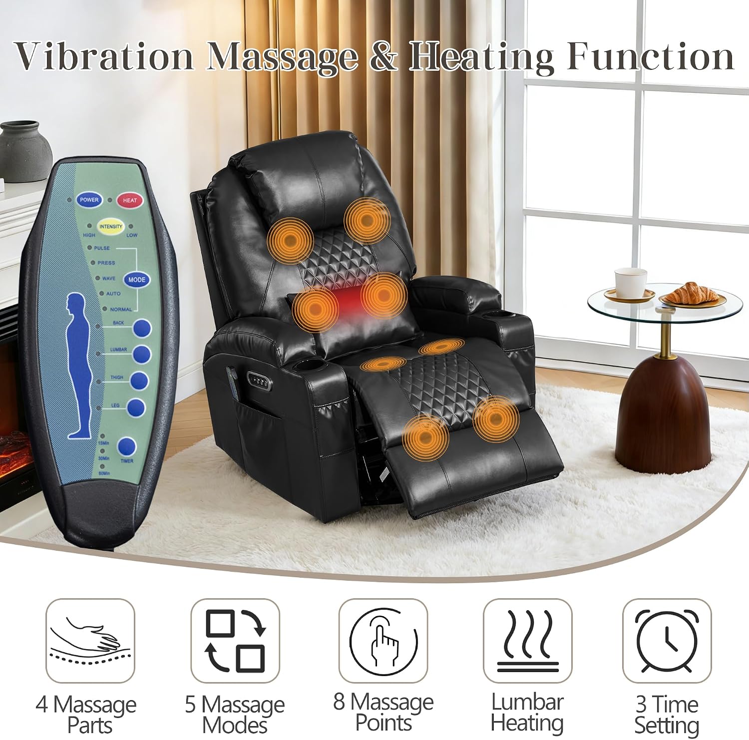 AHMED Dual Motor Power Swivel Rocker Recliner Chair, Faux Leather, Black | Electric Glider Rocking Chair, Massage & Heat, Cup Holders, LED Lights, USB A/USB C Ports