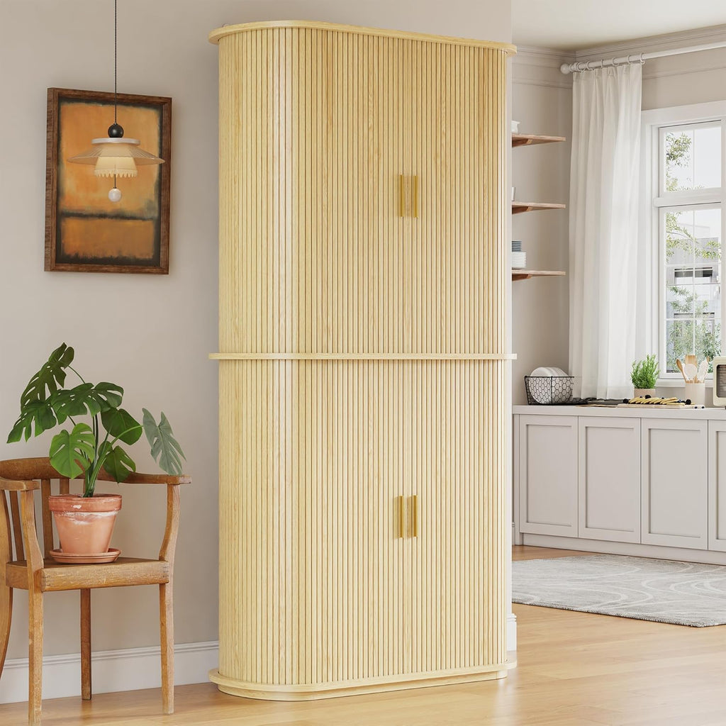 iPormis Kitchen Pantry with Sliding Doors, Tall Modern Curved Pantry Storage Cabinets with Drawer & Pull Out Shelves, 64" Freestanding Wood Cupboard for Kitchen Dining Room Living Room, Natural Brown