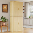 iPormis Kitchen Pantry with Sliding Doors, Tall Modern Curved Pantry Storage Cabinets with Drawer & Pull Out Shelves, 64" Freestanding Wood Cupboard for Kitchen Dining Room Living Room, Natural Brown