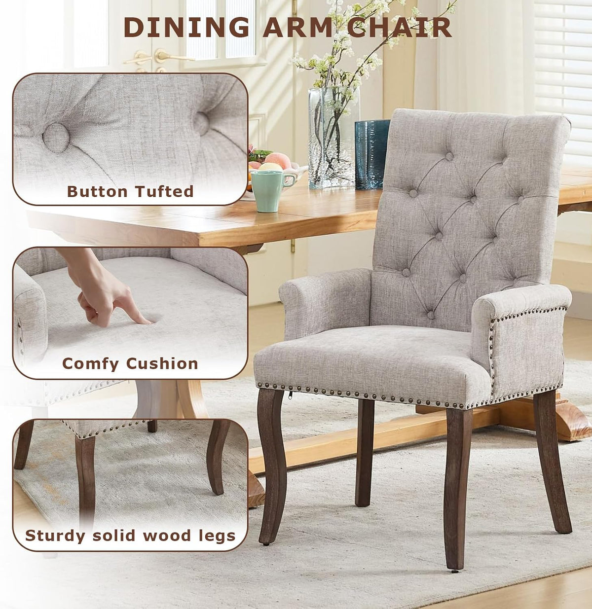 SoarFlash Chenille Dining Chairs Set of 2, Tall Back Side Chair，Modern Upholstered High-end Tufted Side Chair with Armrest, Solid Wood Leg, Beige