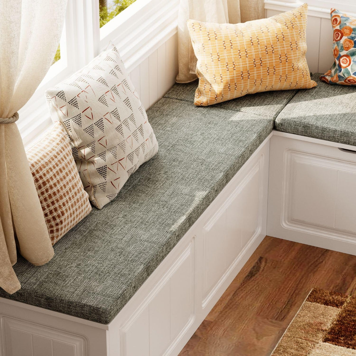 L-Shaped Corner Storage Bench with Cushion, Kitchen Breakfast Nook Entryway Bench with Hidden Space and Shoe Storage, Corner Banquette Benches for Dining Room, Living Room, White & Grey