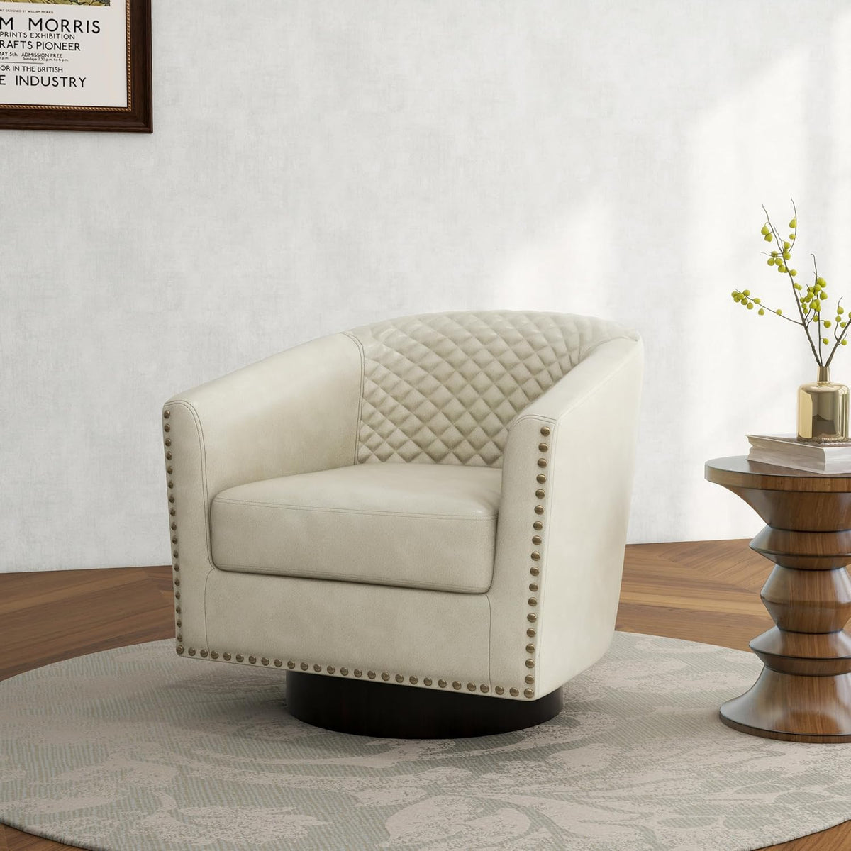 Swivel Barrel Accent Chair Set of 2, Comfy Modern Upholstered Round Faux Leather Arm Chair for Living Room, Bedroom -Beige