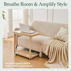 C-Shaped End Table with Wheels - Solid Wood C Shape Rolling Side Table for Couch, Wooden Tv Tray Under Bedside Tables for Sofa Living Room Bedroom, Natural, 15.7 in x 23.6 in x 24.8 in
