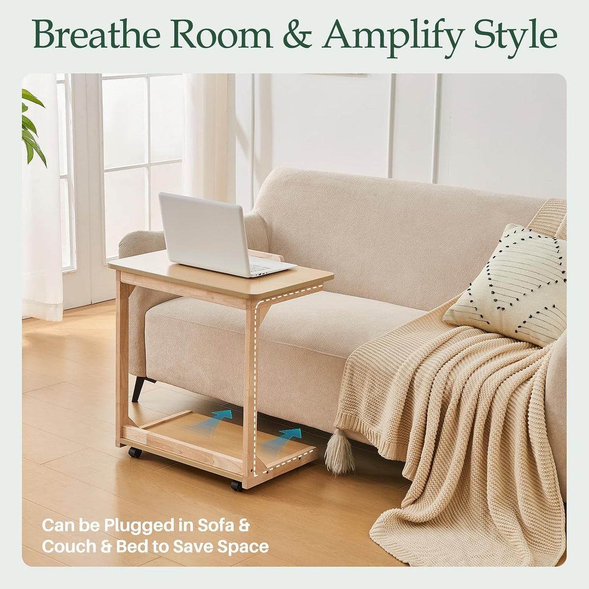 C-Shaped End Table with Wheels - Solid Wood C Shape Rolling Side Table for Couch, Wooden Tv Tray Under Bedside Tables for Sofa Living Room Bedroom, Natural, 15.7 in x 23.6 in x 24.8 in