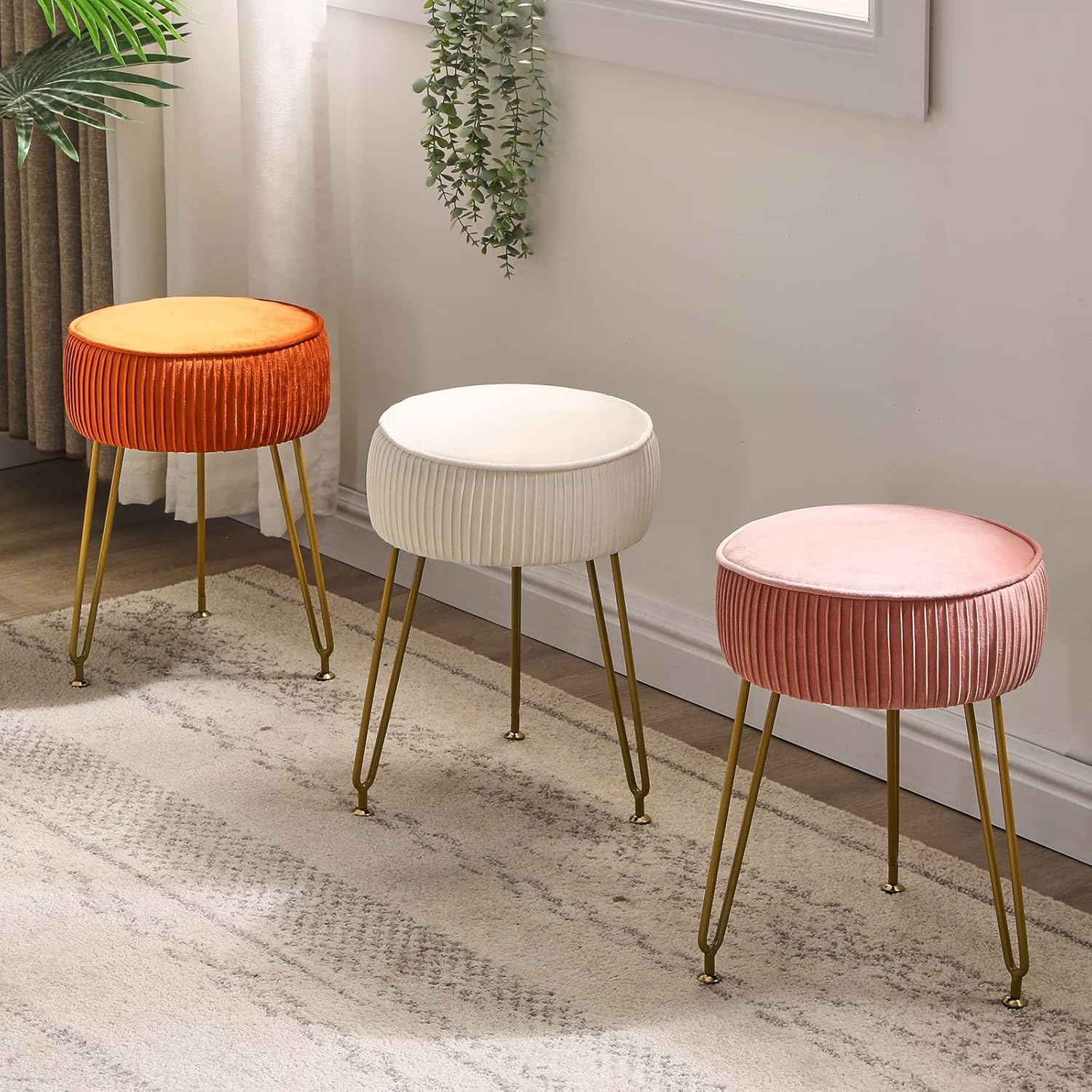 IBUYKE Makeup Vanity Stool, Velvet Round Footrest Ottoman, White LG-30M | Dressing Table Seat Pouf Couch chair Golden Steel Legs