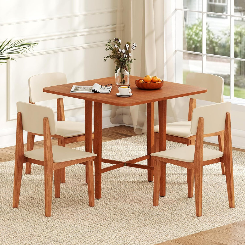 GOFLAME Square Drop Leaf Dining Table for 2-4 People, Folding Kitchen Table with Solid Rubber Wood Legs, Farmhouse Extendable Table for Dining Room, Living Room, Small Space, Walnut