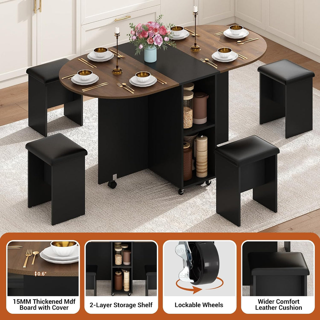 5 PCS Farmhouse Dining Table Set for 4,60" Large Round Folding Dining Table Set w/ 4 Leather Chairs, Drop Leaf Oval Modern Kitchen Table for Small Spaces,6 Wheels,2-Layer Storage Shelf,Walnut