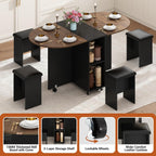 5 PCS Farmhouse Dining Table Set for 4,60" Large Round Folding Dining Table Set w/ 4 Leather Chairs, Drop Leaf Oval Modern Kitchen Table for Small Spaces,6 Wheels,2-Layer Storage Shelf,Walnut