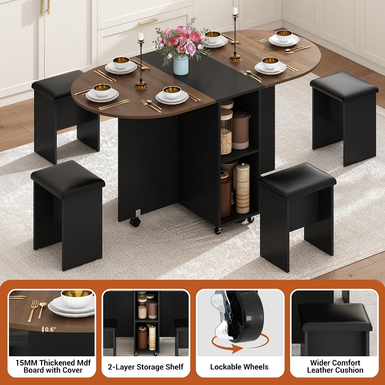 5 PCS Farmhouse Dining Table Set for 4,60" Large Round Folding Dining Table Set w/ 4 Leather Chairs, Drop Leaf Oval Modern Kitchen Table for Small Spaces,6 Wheels,2-Layer Storage Shelf,Walnut