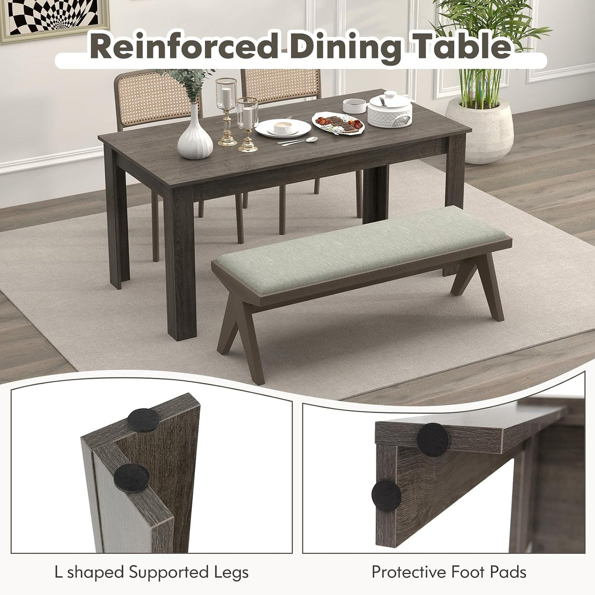 63“ Large Dining Table for 4-6 People, Rectangular Dining Room Table, Wooden Kitchen Table with L-Shaped Legs, Modern Farmhouse Dinette Table for Restaurant, Living Room, Family