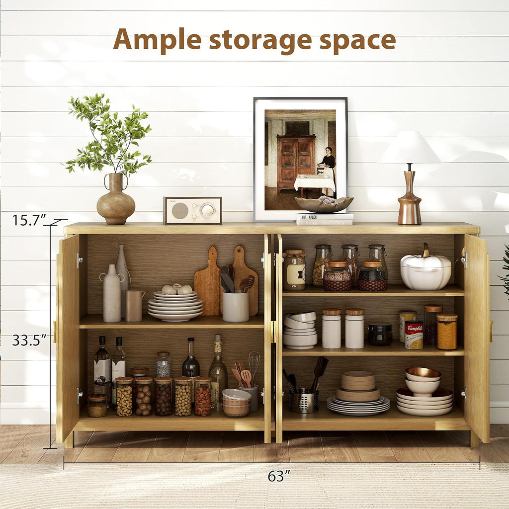 Sideboard Cabinet with Storage - 63” Large Kitchen Buffet Table, Adjustable Shelf & 4 Fluted Doors Farmhouse Coffee Bar for Living Room Dining Room Entryway, Wood