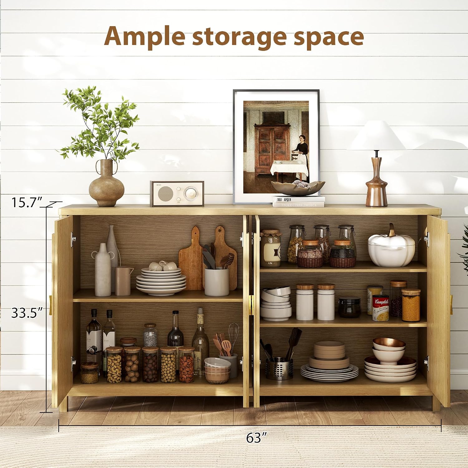 Sideboard Cabinet with Storage - 63” Large Kitchen Buffet Table, Adjustable Shelf & 4 Fluted Doors Farmhouse Coffee Bar for Living Room Dining Room Entryway, Wood