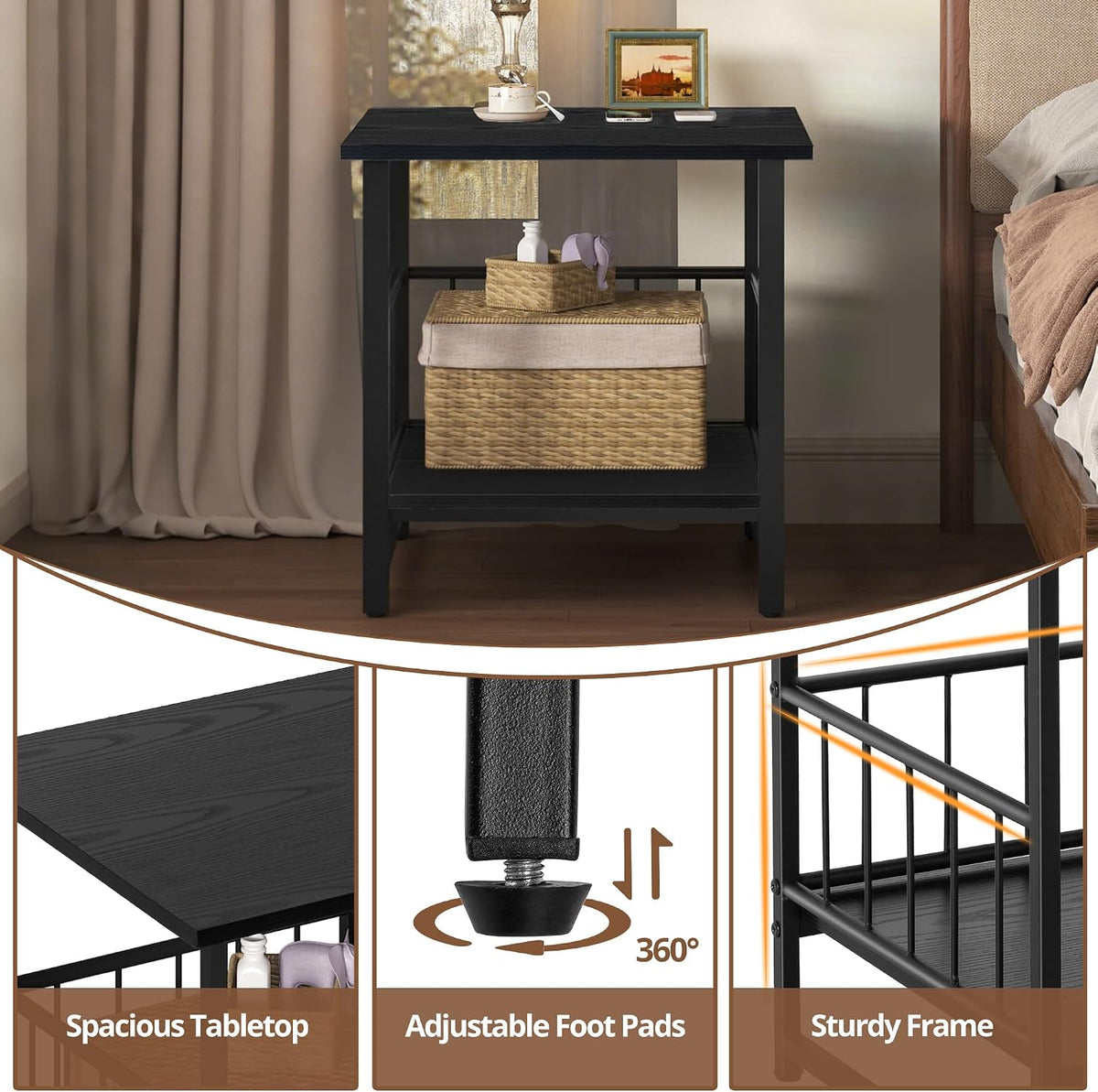 EazeHome 18" Square End Table, Modern Nightstand Side Table, Nightstand with Open Storage Shelf for Living Room, Heavy Duty Stand of Mini Beverage for Dorm, Kitchen Room, Black